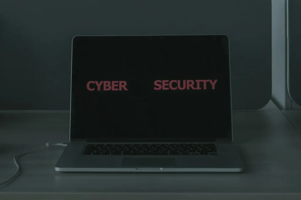 Laptop screen displaying a general cyber security message