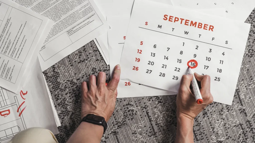 Calendar and documents used to illustrate a claims-review timeline