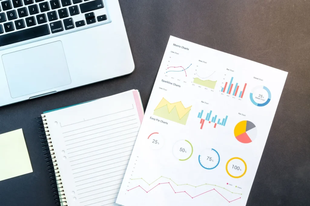 Business report, charts and notebook used as a source-ledger illustration